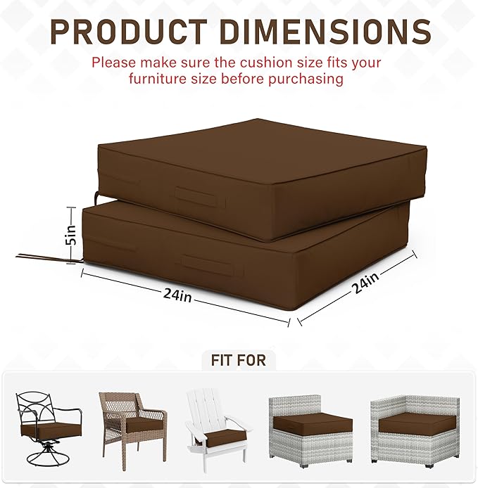 Patio Chair Cushions 24 X 24 X 5 Inch Waterproof Outdoor Seat Cushions for Patio Furniture, Outdoor Sofa Couch Pads with Ties & Handle, Set of 2, Chocolate