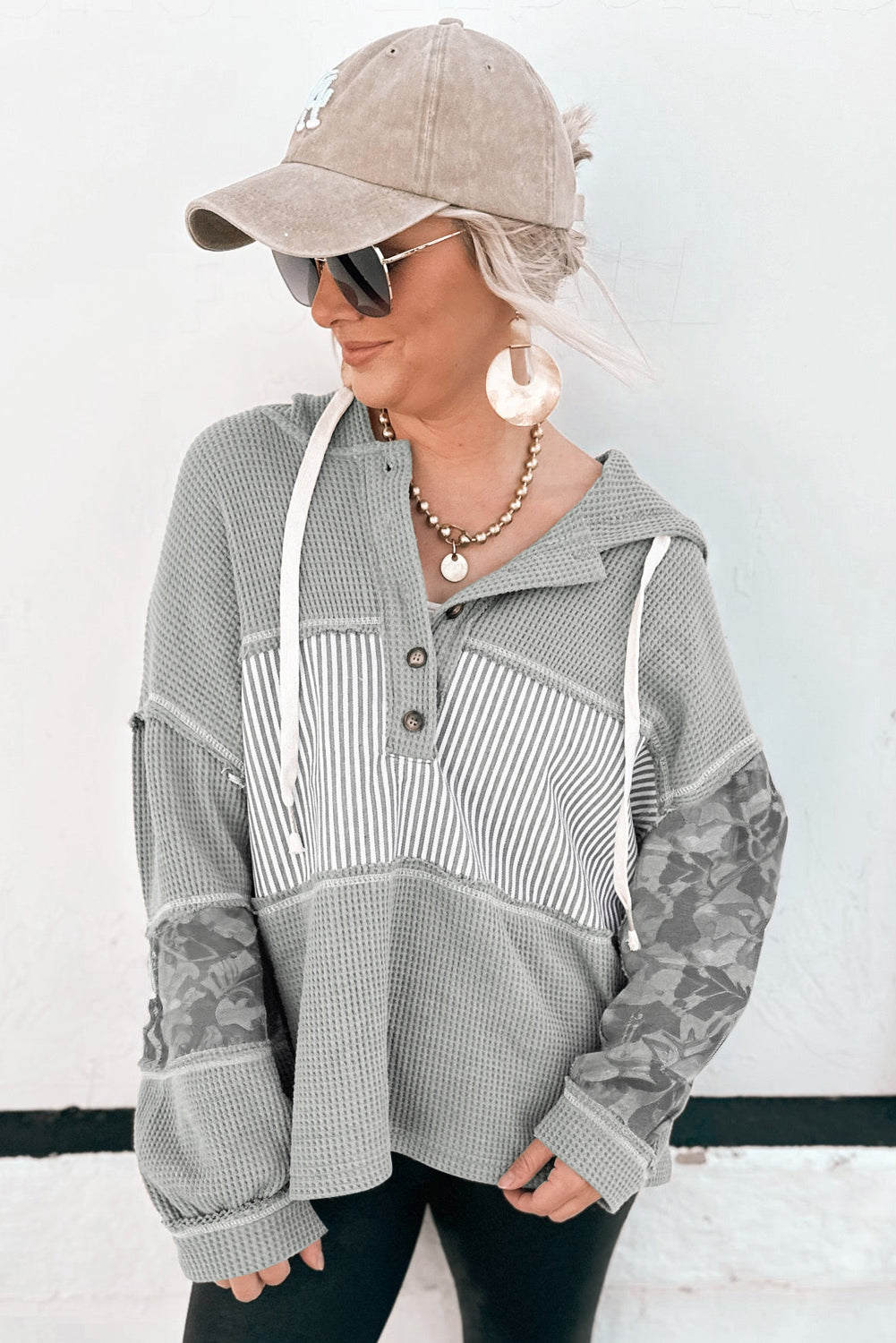 White Waffle Printed Patchwork Drawstring Hooded Long Sleeve Top