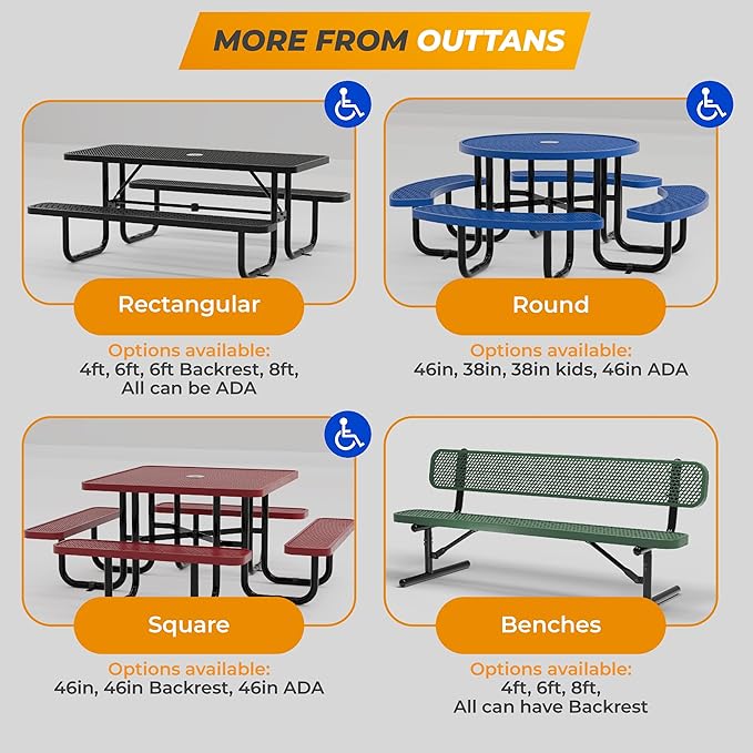 Metal Picnic Tables for Outdoors with Umbrella Hole - Coated Steel Heavy Duty Commercial Grade Table with Adjustable Seats (Black, 38 in, Round, Expanded Steel)