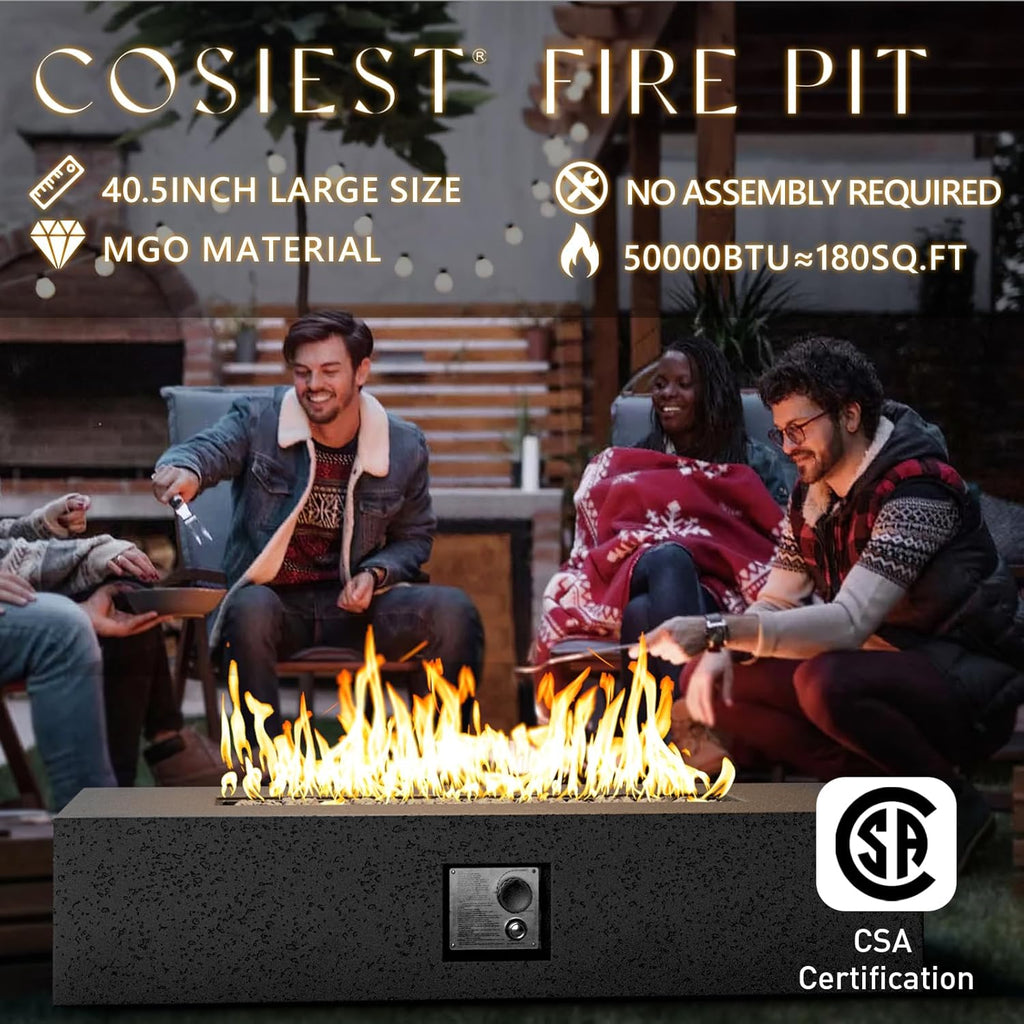 COSIEST 56-inch x 28-inch Outdoor Propane Fire Pit Coffee Table w Concrete Rectangle Base, 50,000 BTU, Free Lava Rocks and RainCover, Fits 20lb Tank Outside, Gray