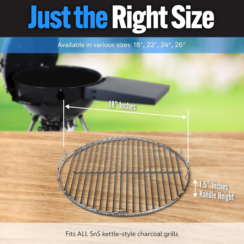 SnS Grills EasySpin Charcoal Grill Cooking Grate, 304 Stainless Steel, Large Hinged Opening, Perfect for 2-Zone Cooking, Replacement Grate Compatible with Weber & Other Grills - 18” Inches