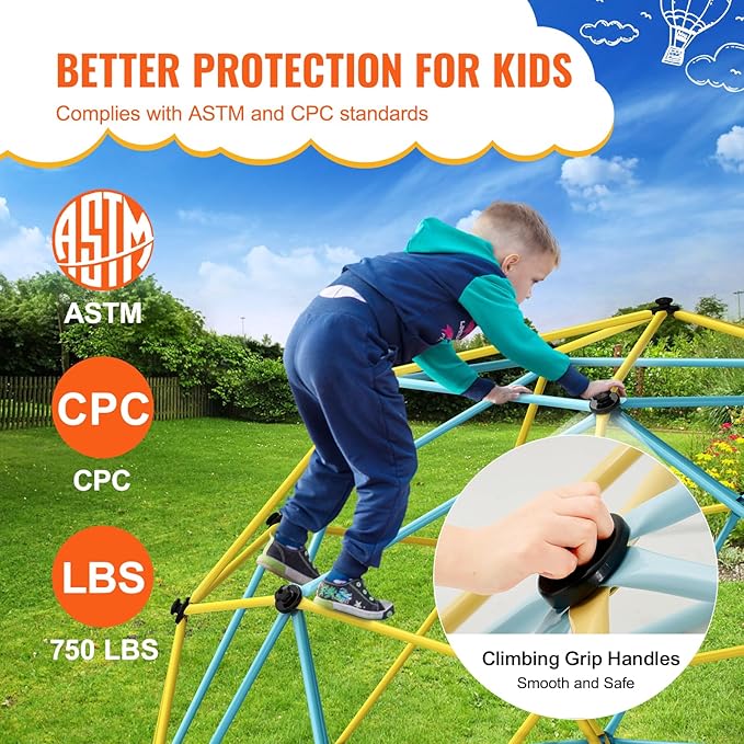VEVOR Climbing Dome, 10FT Geometric Dome Climber Play Center for Kids 3 to 10 Years Old, Jungle Gym Supports 750LBS and Easy Assembly, with Climbing Grip, Outdoor Backyard Play Equipment for Kids