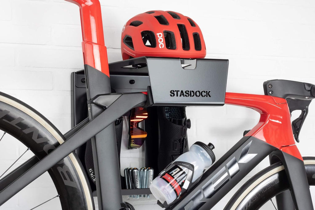 Wall Bike Rack | Bike Storage Wall Mount System | for Race Bicycles (Happy Black) and Mountain Bikes | Bike Shelf | Indoor Bike Wall Bracket | Store Your Helmet and Shoes | Home and Garage