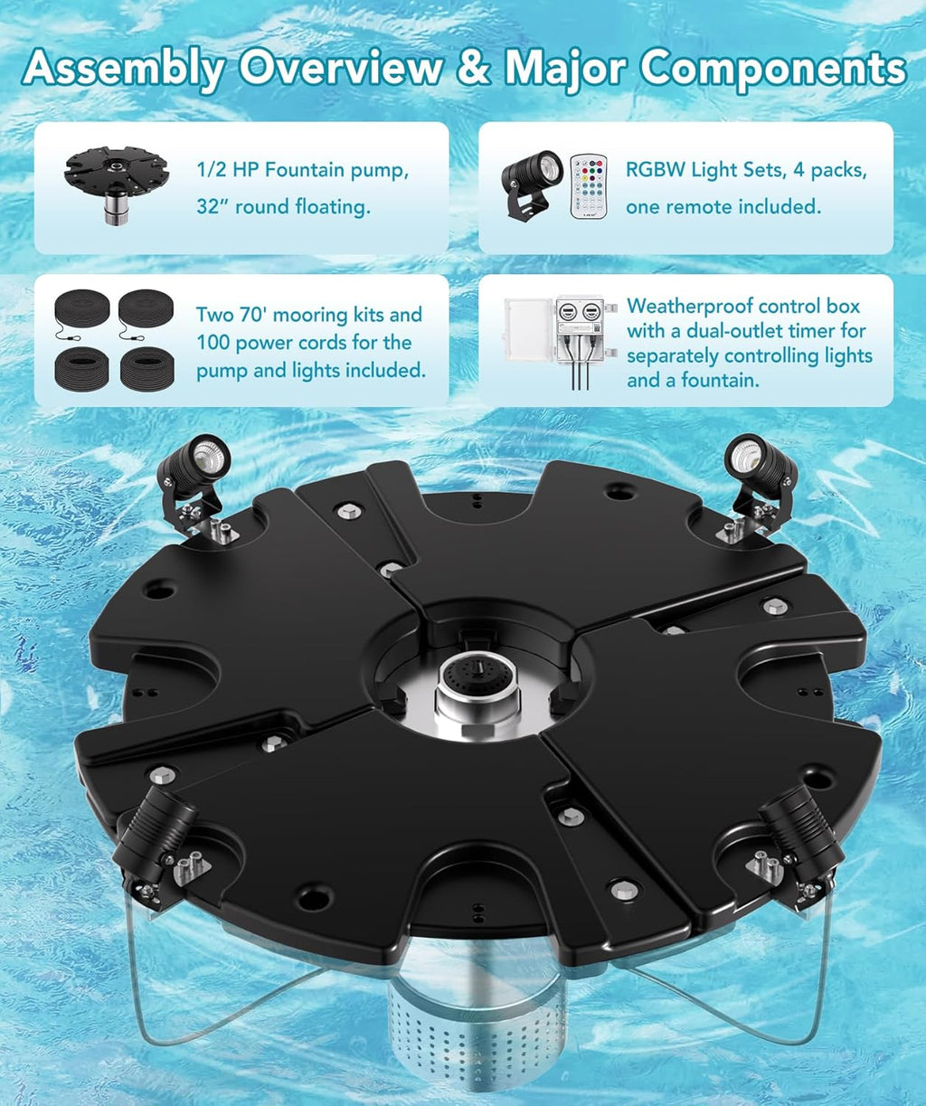 HQUA FS01 120V, 1/2HP, Large Pond Floating Fountain with FSL01 LED RGB Color-Changing Light Sets, 100’ cord, 13000 GPH, Two spray patterns 32'x12' and 18'x6'