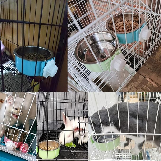 kathson Crate Dog Bowl, Removable Stainless Steel Hanging Pet Cage Bowl Food & Water Feeder Coop Cup for Cat, Puppy, Birds, Rats, Guinea Pigs 6pcs(2×Blue,2×Green,2×Pink)