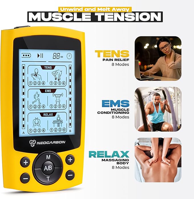 TENS Unit Muscle Stimulator, Electronic PMS Pulse Massager Machine for Shock Physical Therapy, Back Pain Relief, Shoulder Recovery, Yellow