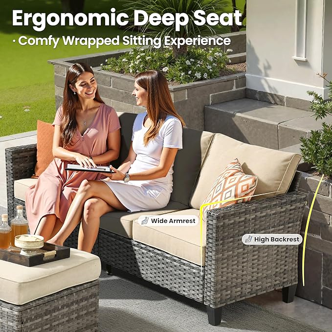 ovios 8 Pieces Patio Furniture Set with 54" Fire Pit Table, Outdoor Wicker Sofa with Comfy Cushions, All Weather High Back Rattan Couch Conversation Set, Beige