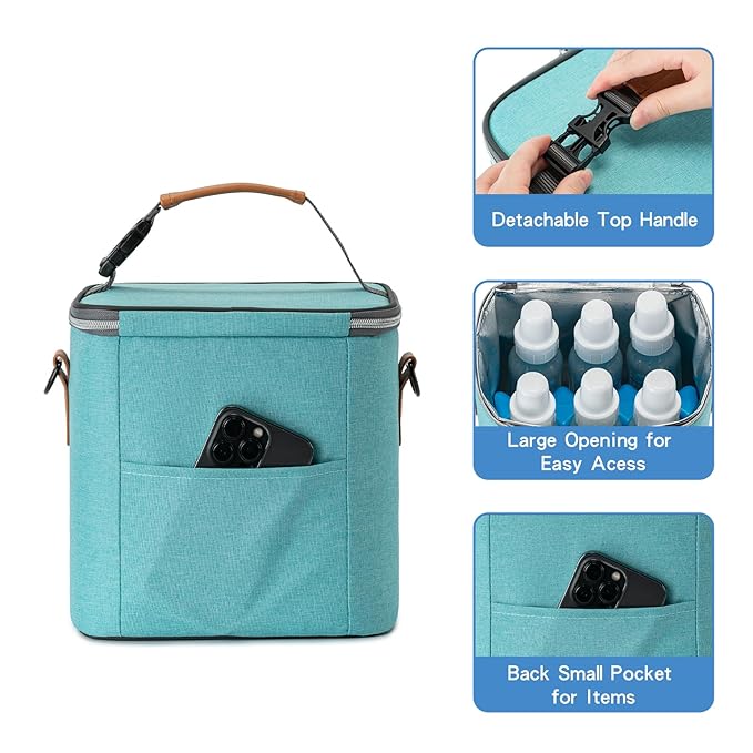 Breastmilk Cooler Bag with Ice Pack Fits 6 Baby Bottles Up to 9 Ounce, Baby Bottle Bag with Shoulder Strap for Nursing Mom Daycare, Aqua