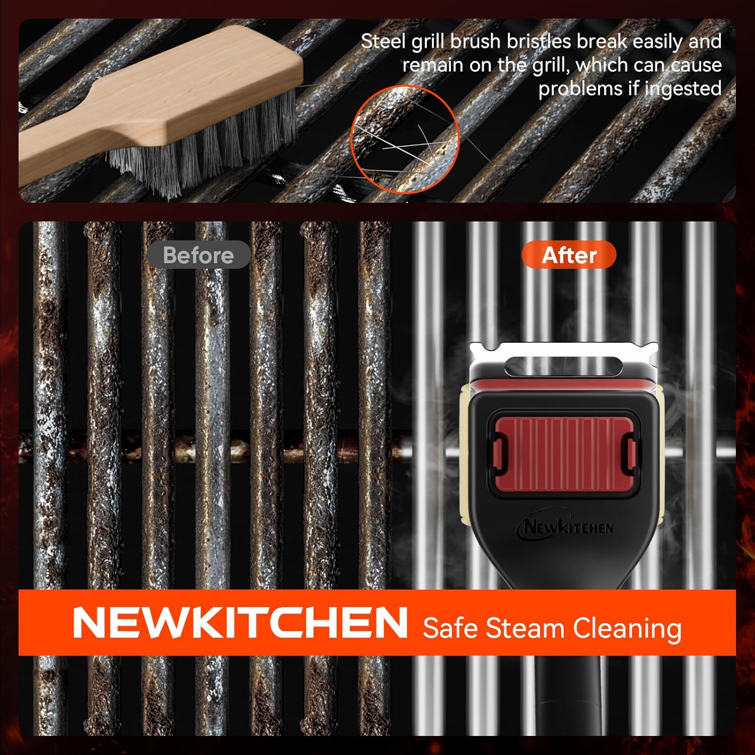 Grill Brush Bristle-Free Steam Cleaning, BBQ Brush Replaceable Heat-Resistant Kevlar Head with Grill Scraper Safe Barbecue Grill Cleaner for All Grill Types (2 Pack Cleaning Head)