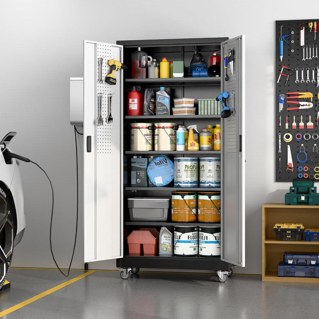 Upgraded Wide & Deep Metal Garage Storage Cabinet with Wheels & Pegboard, Lockable Metal Storage Cabinets with 2 Doors&5 Adjustable Shelves for Garage&Home,Assembly Required,Black Gray