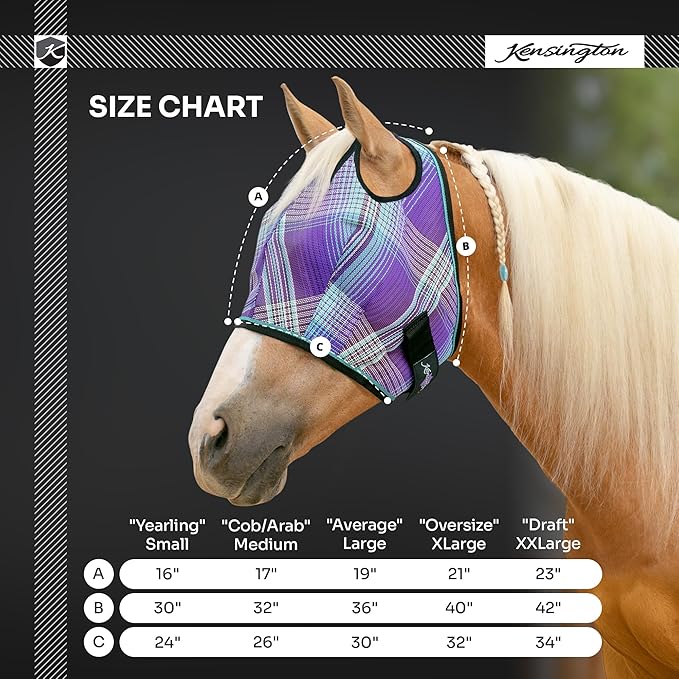 Kensington UV Horse Fly Mask with Web Trim - Protective Mask with Dual Ear Opening & Forelock Freedom - Large, Lavender Mint