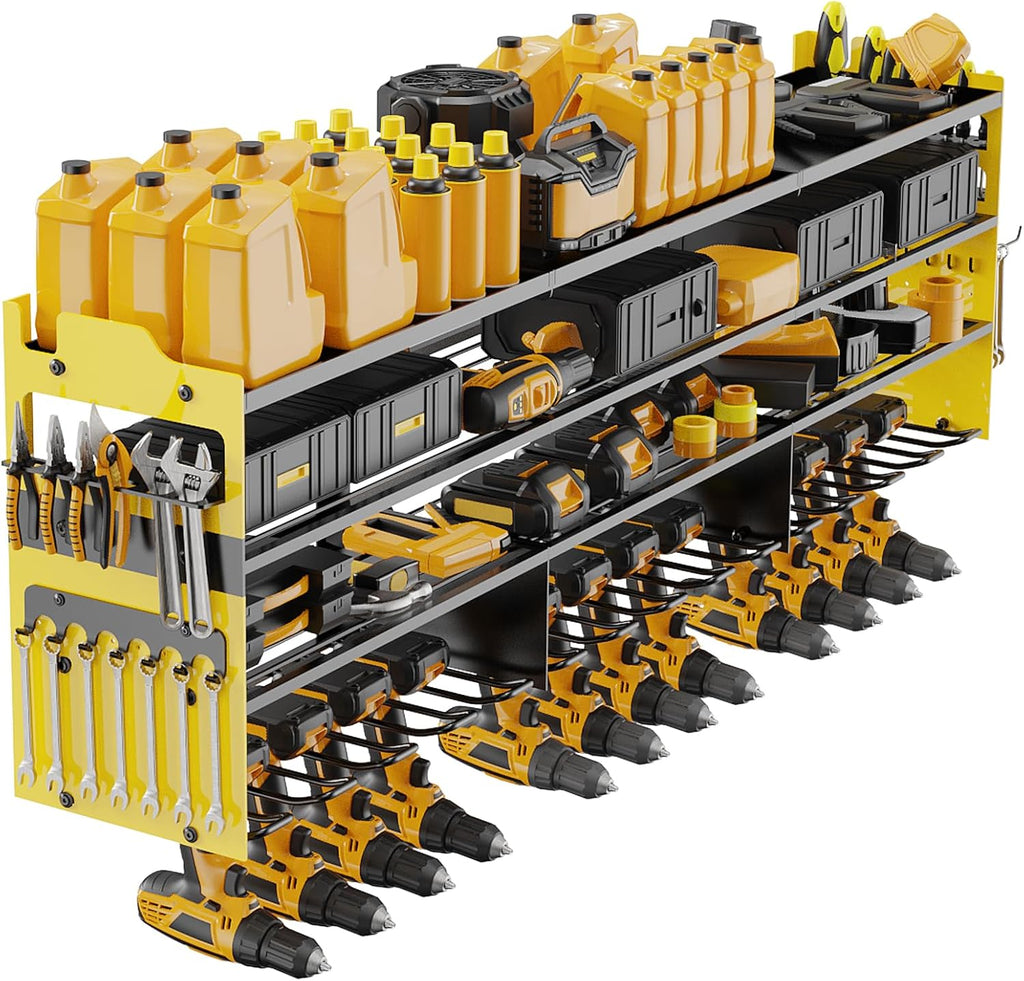 Power Tool Organizer Wall Mount with 12-Drill Holders-800Lbs Load Heavy Duty Metal 4-Layers Garage Storage and Organization with Side-Plates Adjustable Battery Tools Rack Utility Racks Gifts for Men