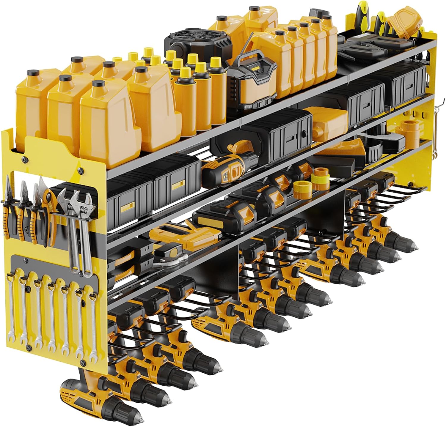 Power Tool Organizer Wall Mount with 12-Drill Holders-800Lbs Load Heavy Duty Metal 4-Layers Garage Storage and Organization with Side-Plates Adjustable Battery Tools Rack Utility Racks Gifts for Men