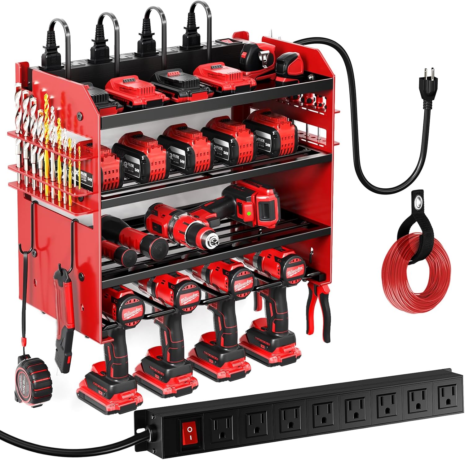Power Tool Organizer Wall Mount with Charging Station,Tool Storage Rack with 8 Outlet Power Strip,Heavy Duty Metal Battery Utility Rack with 4 Cordless Drill Holder 6.56 Ft Cord for Garage