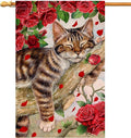 BLKWHT Valentines Cat House Flag 28 x 40 Vertical Double Sided Red Roses Spring Farmhouse Holiday Outside Decorations Burlap Yard Flag BW757-40