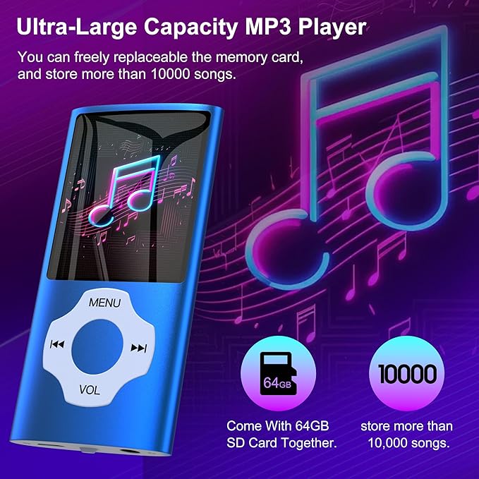 Portable 64GB MP3 Player with Bluetooth, MYMAHDI 1.8" HD LCD Screen MP4/MP3 Player Up to 128GB, Music Player with Video, Music, FM Radio, E-Book Reader, Voice Record, Photo Viewer, Darkblue