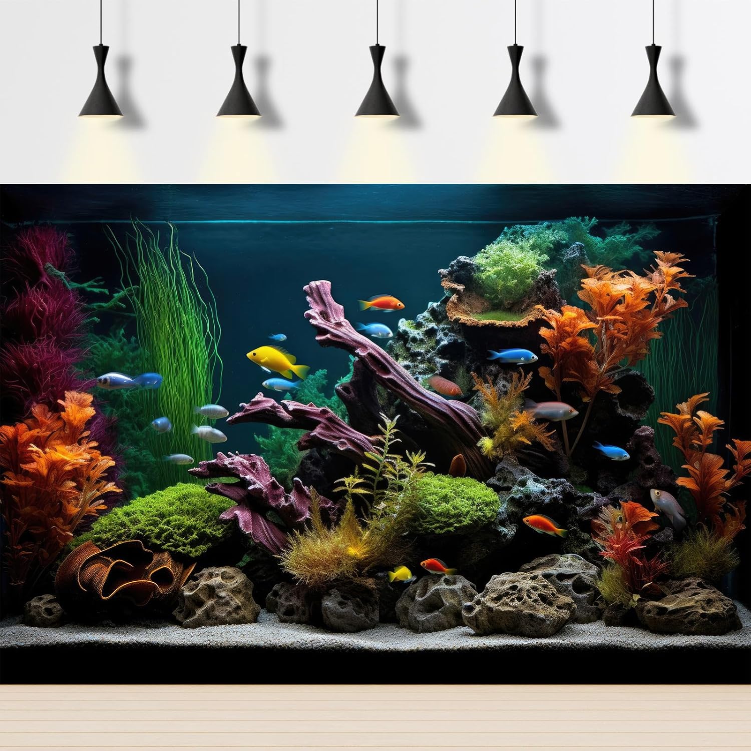 Aquarium Background Lush Aquatic Colorful Plants Terrarium Background Redwood Root Coral Reef Jungle Style Fish Tank Background Amazing Underwater View Aquarium Backdrop Wallpaper Poster Vinyl 30x12in