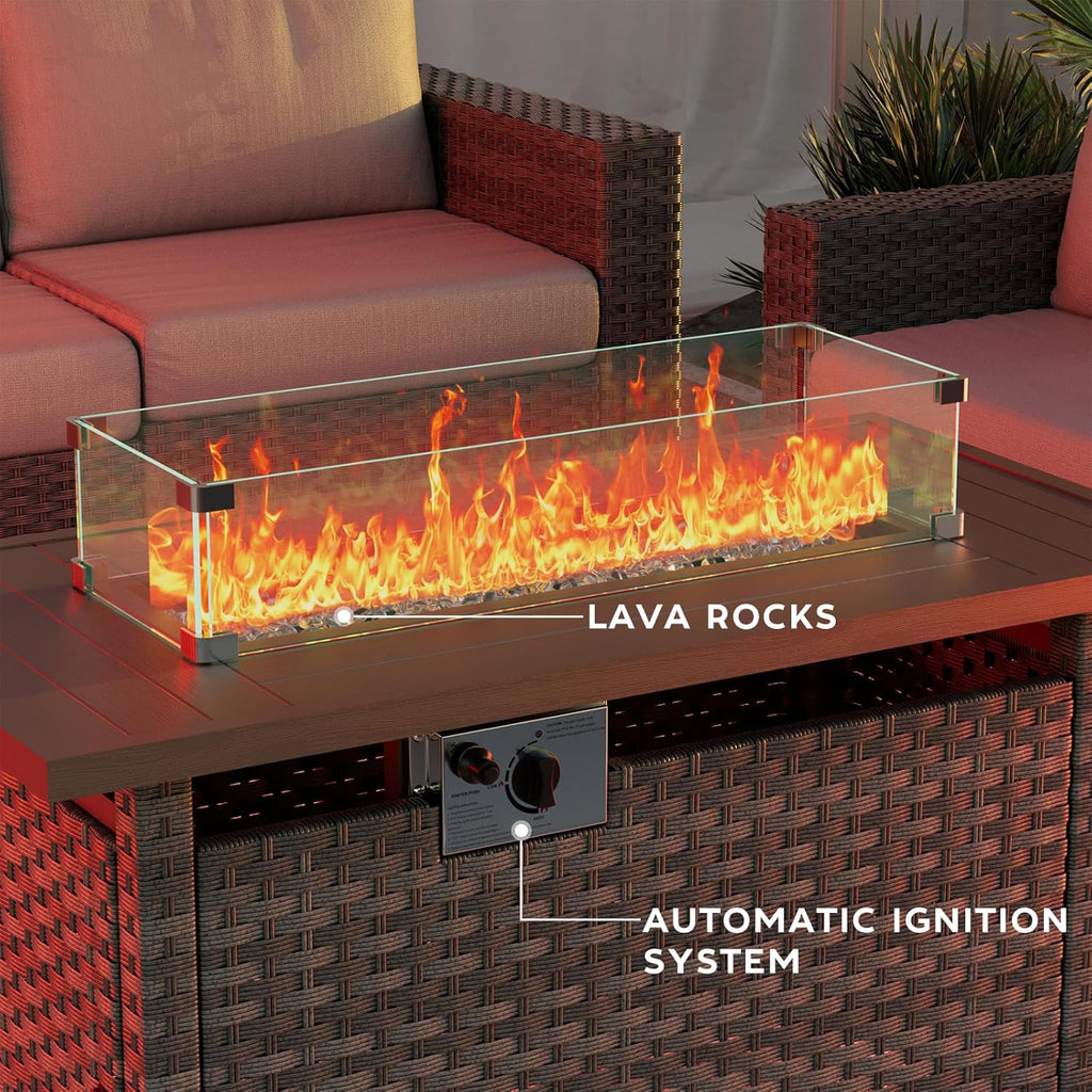 Propane Fire Pit Table Outdoor,44" 60000BTU Auto-Ignition Fire Table with Wind Guard Square Large Wicker Firepits for Porch Garden(Grey,CSA Certified)