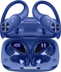PocBuds Bluetooth Headphones Wireless Earbuds 80hrs Playtime Wireless Charging Case Digital Display Sports Ear Buds with Earhook Deep Bass IPX7 Waterproof Over-Ear Earphones for TV Phone Laptop Navy