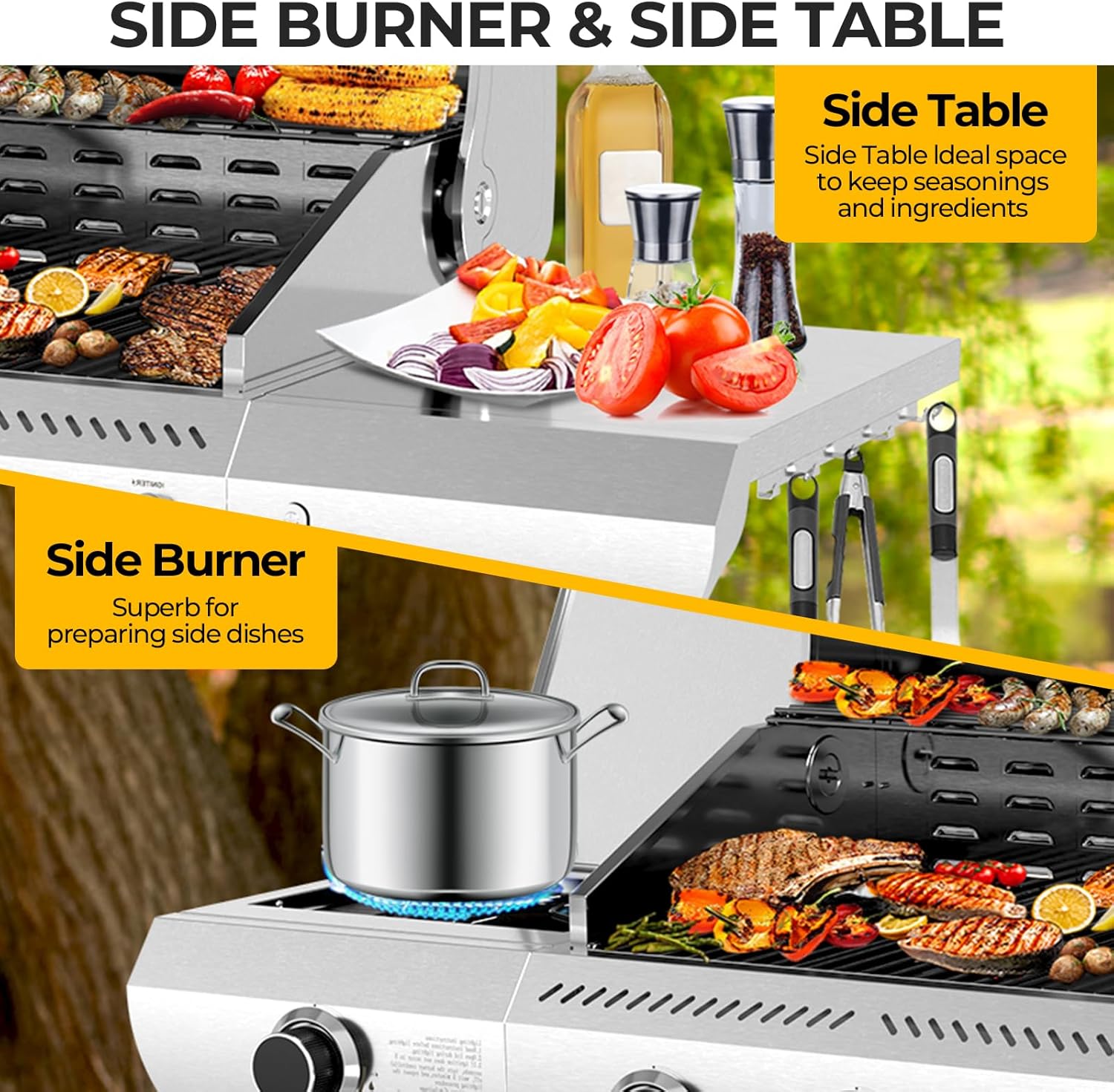 3-Burner Propane Gas Grill with Side Burner – 34,000 BTU Stainless Steel Outdoor BBQ Grill, Cast Iron Grates, Portable with Wheels for Patio, Camping
