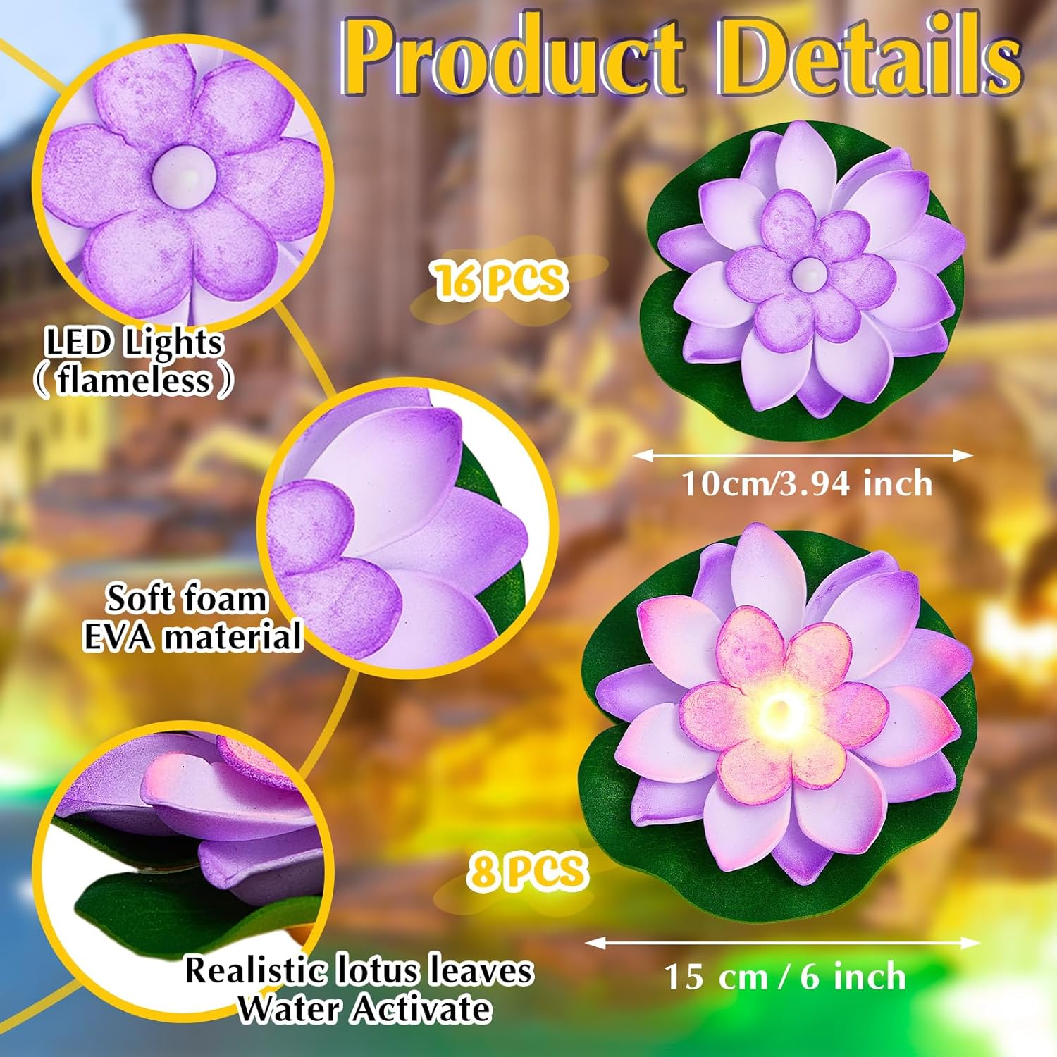 Liliful 24 Pcs Diwali Lotus Decoration Pool Floating Lights, Artificial Flowers Lotus with LED,Lily Pads Water Lantern for Indian Puja Home Decoration(3.94 Inch, 5.91 Inch,Purple)