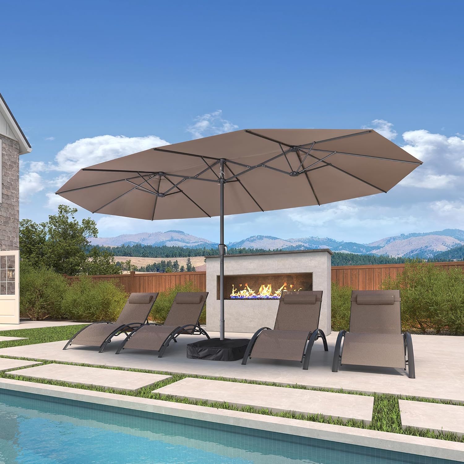 PURPLE LEAF 15ft Patio Market Umbrella with Base Included Double-Sided Rectangle Outdoor Umbrella Table Umbrella with Crank for Pool Garden Deck, Taupe