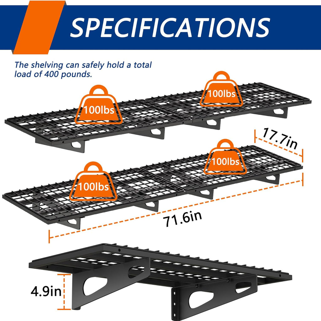 4-Pack 1.5x3FT Garage Shelving 17.7-inch-by-35.8-inch Wall Shelf Garage Storage Rack Wall Mounted Floating Shelves,Black