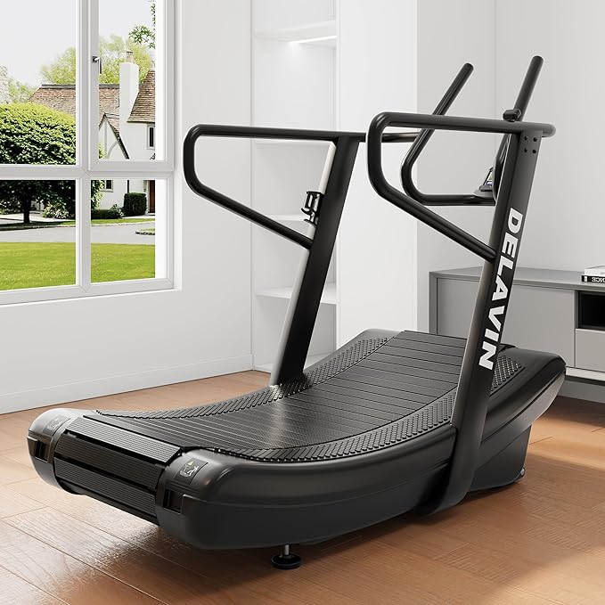 DELAVIN Curved Manual Treadmill, Non Electric Treadmill with 4 Resistance Levels, Motorless Treadmill with Front Digital Display and Handlebar, Wide Belt Treadmill 440LBS Capacity for Home Gym(FBA)