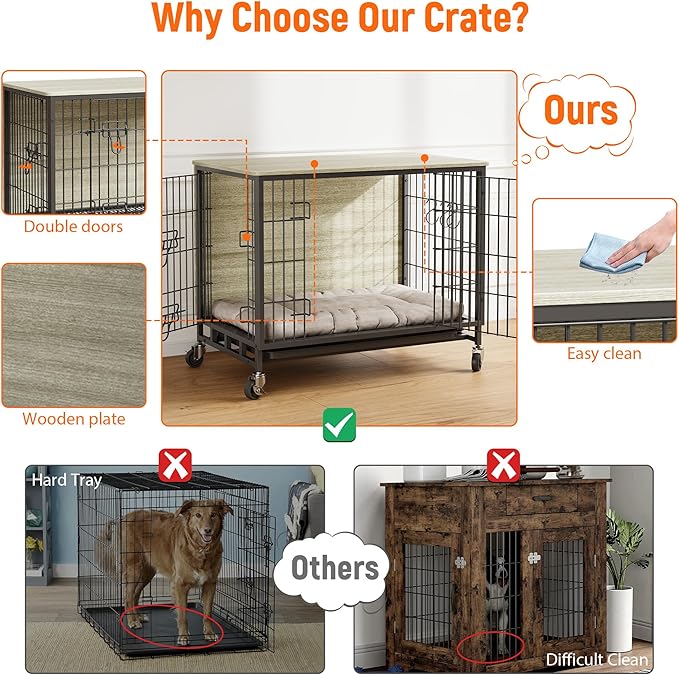 Dog Crate Furniture, 38.6" Wooden Dog Crate with Double Doors, Dog Furniture, Large Dog Kennel Indoor End Table for Large Dogs, Grey