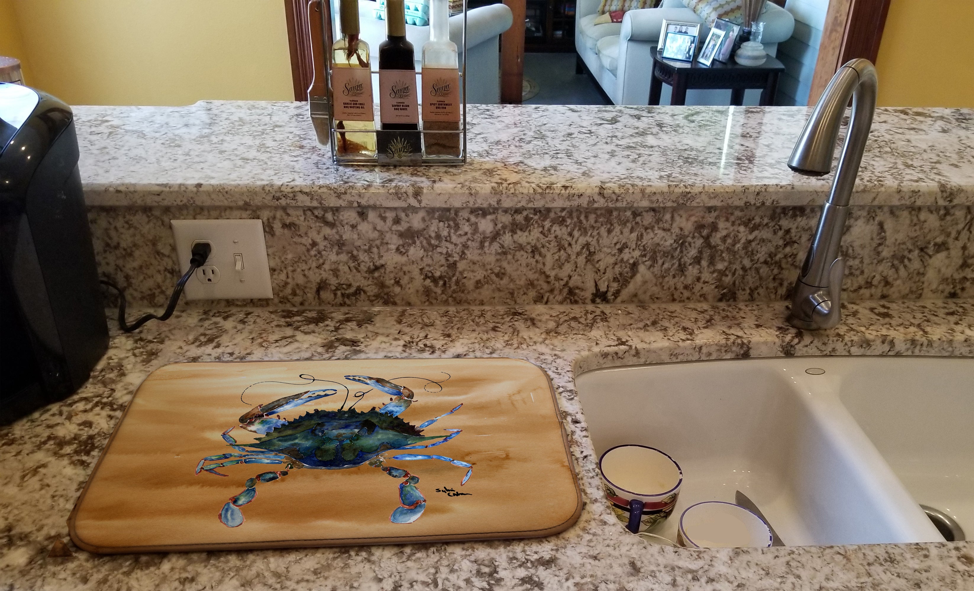 Blue Male Crab Sandy Beach Dish Drying Mat Absorbent Dish Drying Mat Pad for Kitchen Counter Dish Drainer Mat for Countertop, 14 x 21", Multicolor