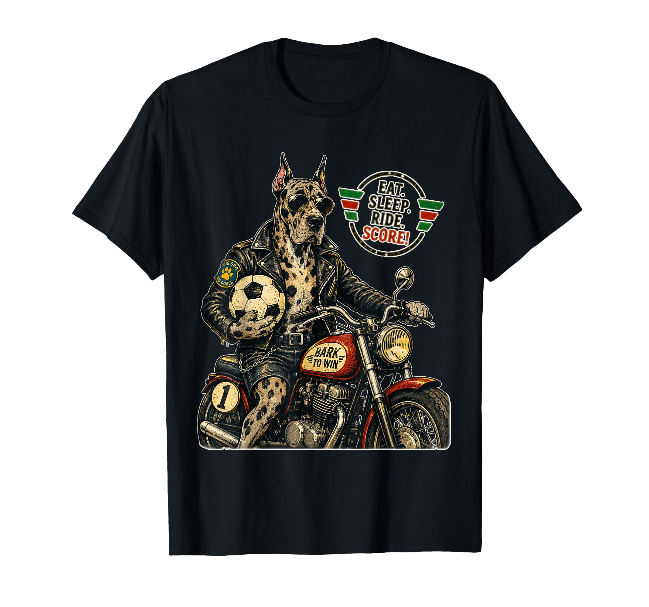 Great Dane Motorbike Love Footbal T-Shirt - Novelty Apparel for Adults