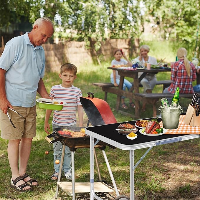 Outvita 6ft Portable Folding Camping Table, Outdoor Waterproof Adjustable Height Table, Aluminum Lightweight Suitcase Foldable Table for Picnic BBQ Beach Dining