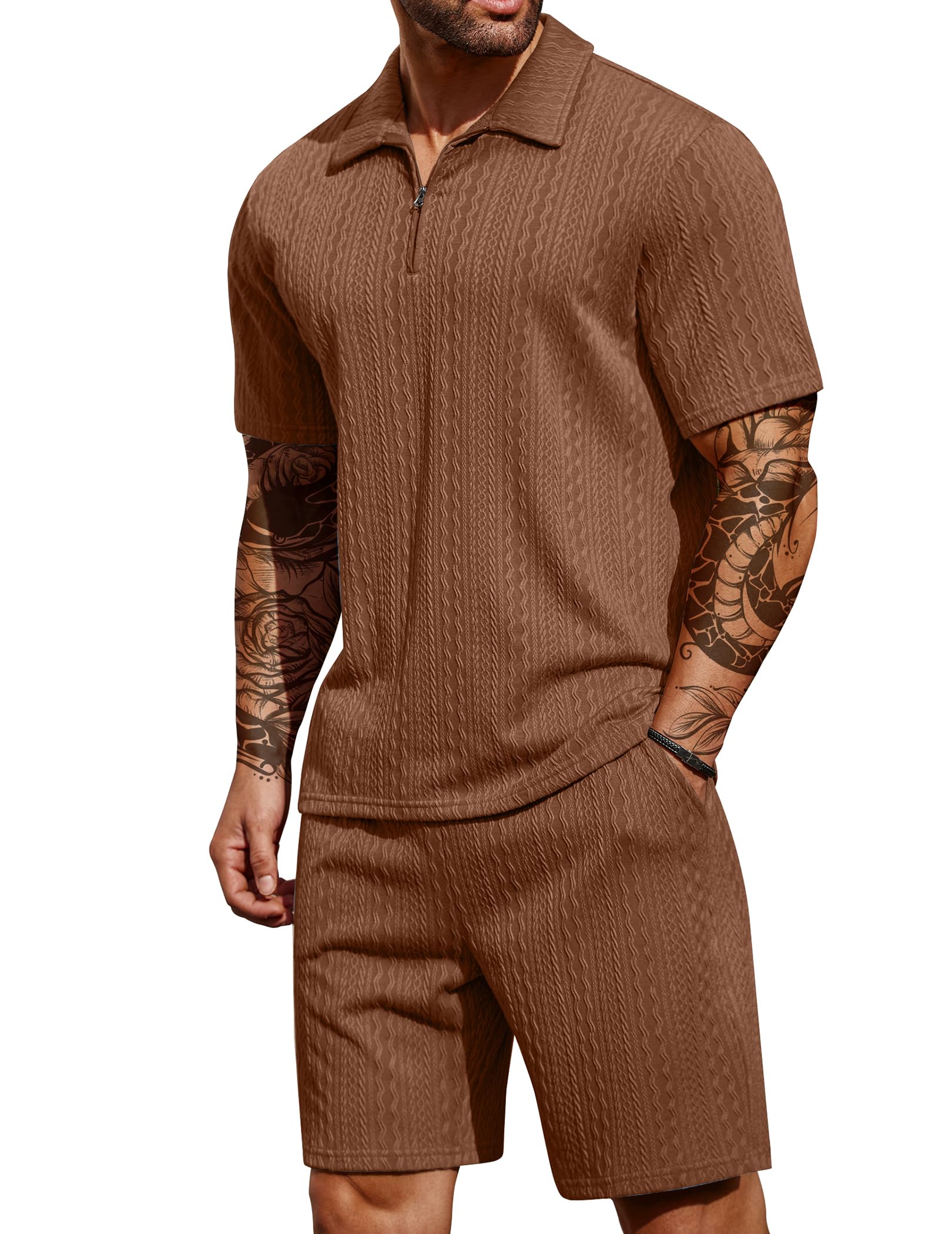 COOFANDY Men's 2 Pieces Outfits Casual Quarter Zip Polo Shirt and Shorts Set Athletic Jogging Summer Tracksuit