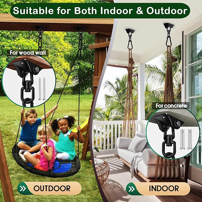 Hammock Hanging Kit 2 Pack, Porch Swing Hanging Kit 1200 Lb Capacity, Hammock Ceiling Hooks Heavy Duty 360°Rotating Hanging Swing Chair Hardware for Hammock Chair Stand, Porch, Yoga, Gym