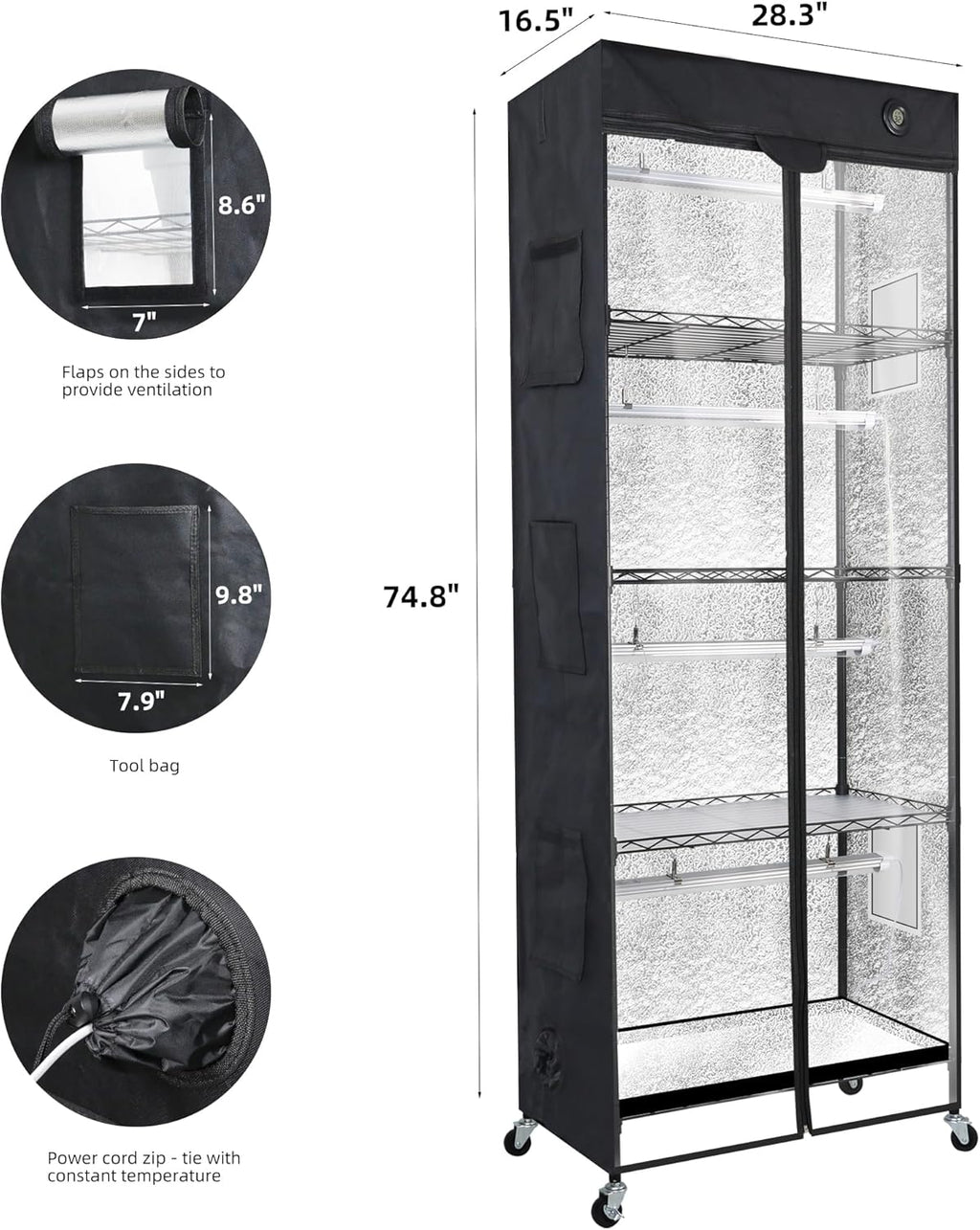 WORTH Mini Greenhouse with LED Grow Lights & Digital Thermo-Hygrometer – Portable Indoor Plant Grow Tent with Oxford Fabric Cover, Adjustable Shelves, Casters & Ventilation Flaps for Seed Starting