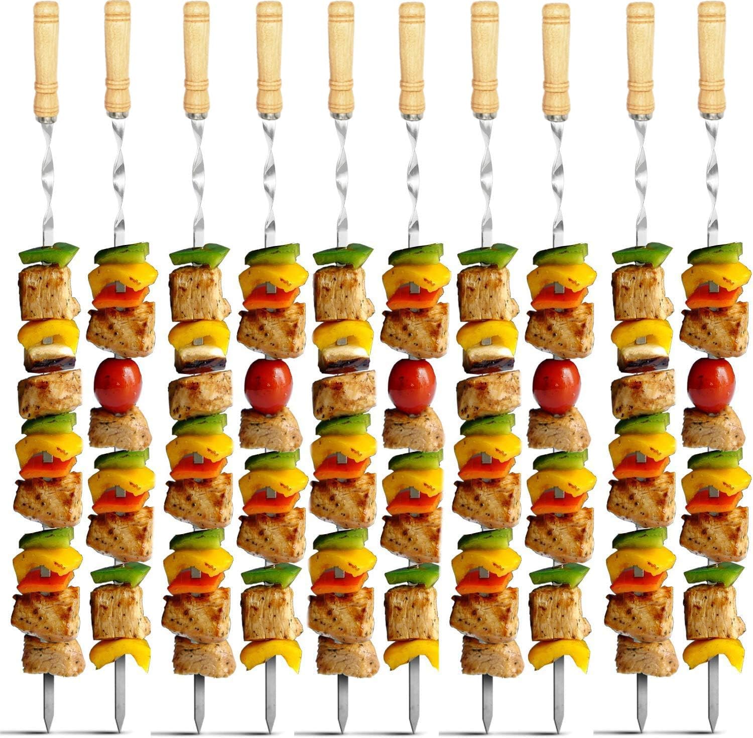 Antallcky 12 Pack Kebab Skewers 22 Inch BBQ Barbecue Skewers Stainless Steel Sticks Heavy Duty Large Wide Reusable with Nonslip Wooden Handle Ideal for Shish Kabob Chicken Shrimp and Vegetables