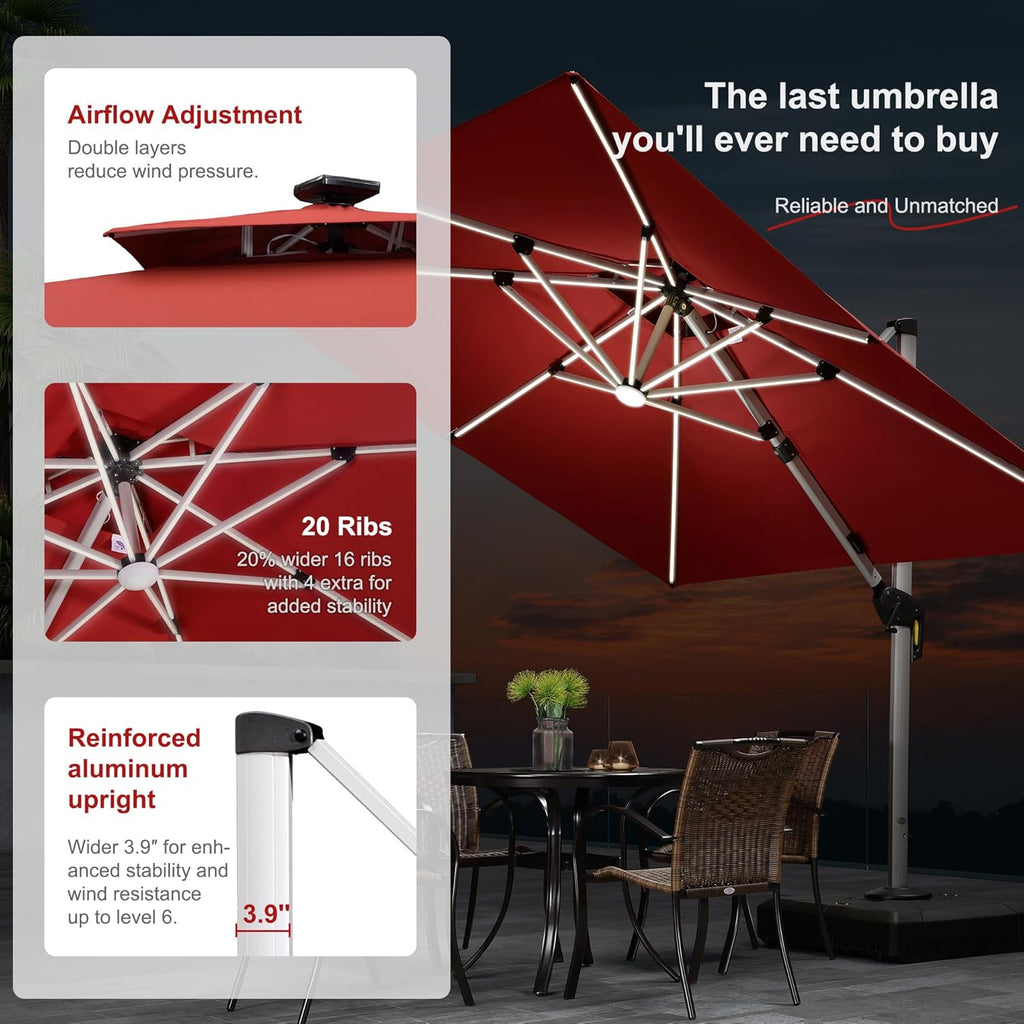 PURPLE LEAF 10 Feet Double Top Deluxe Solar Powered LED Square Patio Umbrella Offset Hanging Umbrella Outdoor Market Umbrella Garden Umbrella, Terra