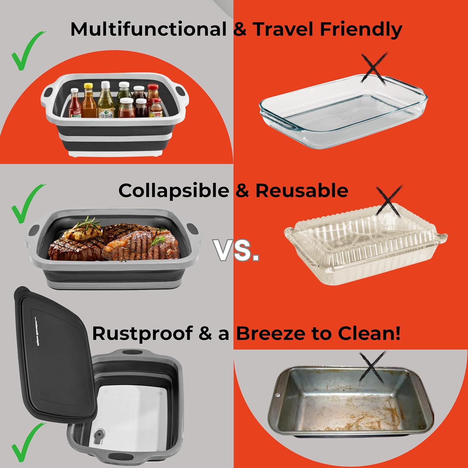 Collapsible Large (8L) BBQ Marinating Tub w/Cutting Board | Multipurpose Food-Grade TPE Prep Tub w/Lid | Built-in Colander & Drain Plug - for Camping | Tailgate | Picnic - Slate Black