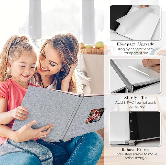 Spbapr Large Photo Album Self Adhesive 4x6 5x7 8x10 10x12 Pictures Magnetic Scrapbook 40 Blank Pages Linen Cover DIY Album with A Metal Pen Light Gray