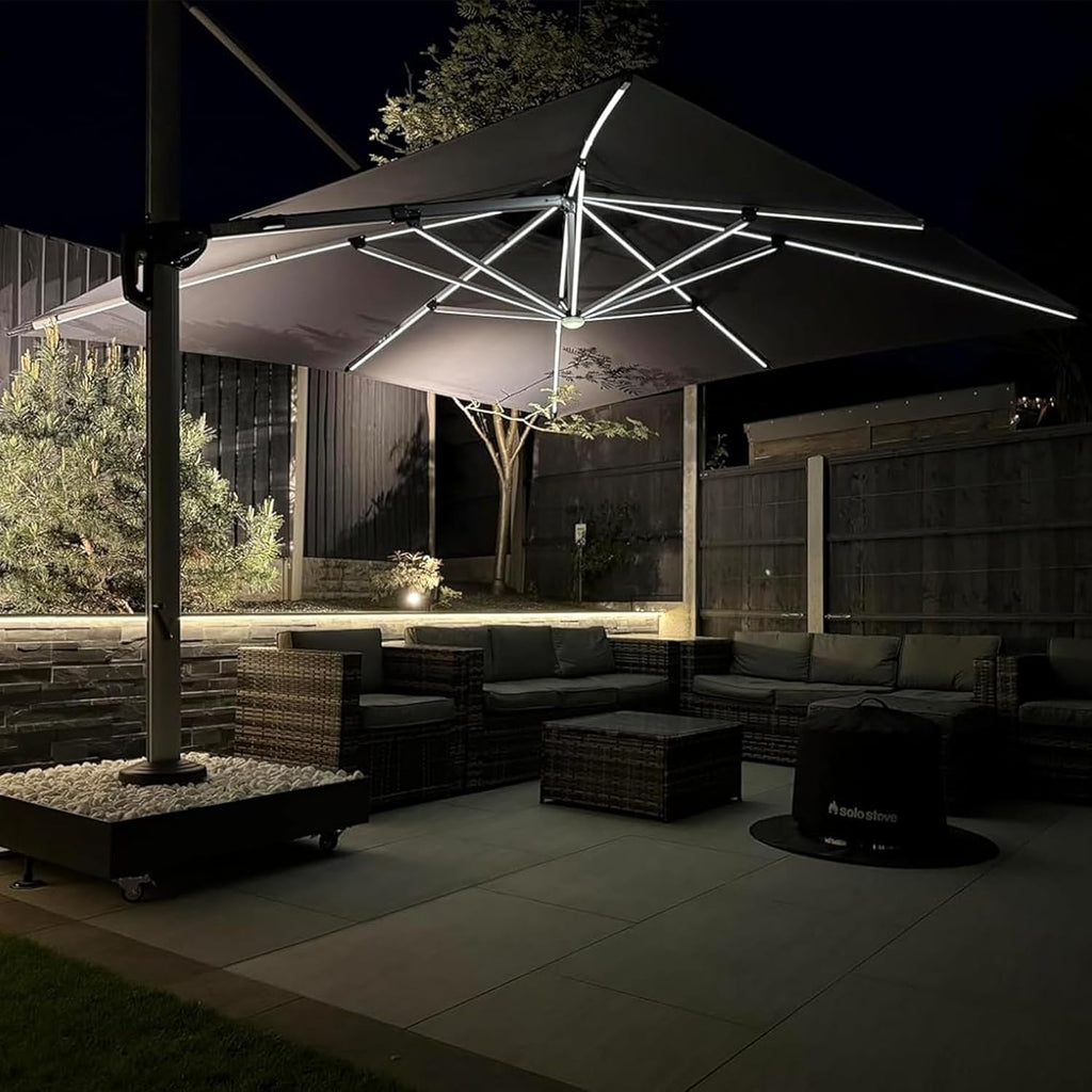PURPLE LEAF 9' X 12' Double Top Deluxe Solar Powered LED Rectangle Patio Umbrella Offset Hanging Umbrella Outdoor Market Umbrella Garden Umbrella, Grey
