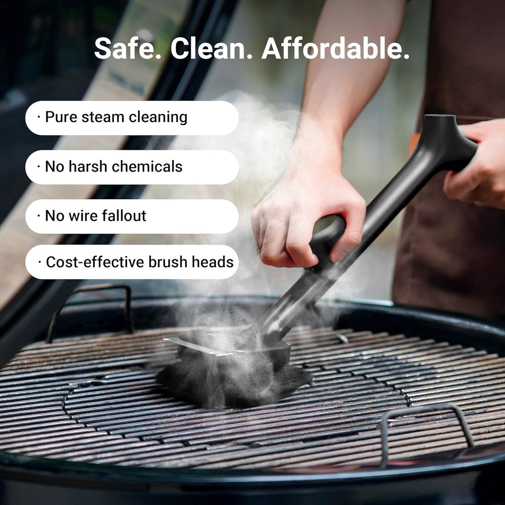 Grill Brush Bristle Free with 3 Replacement Brush Heads, Steam Grill Brush with Scraper, Non Metal Bristles for Cast Iron, Stainless-Steel Grates, Safe for Non-Stick Surface, Black