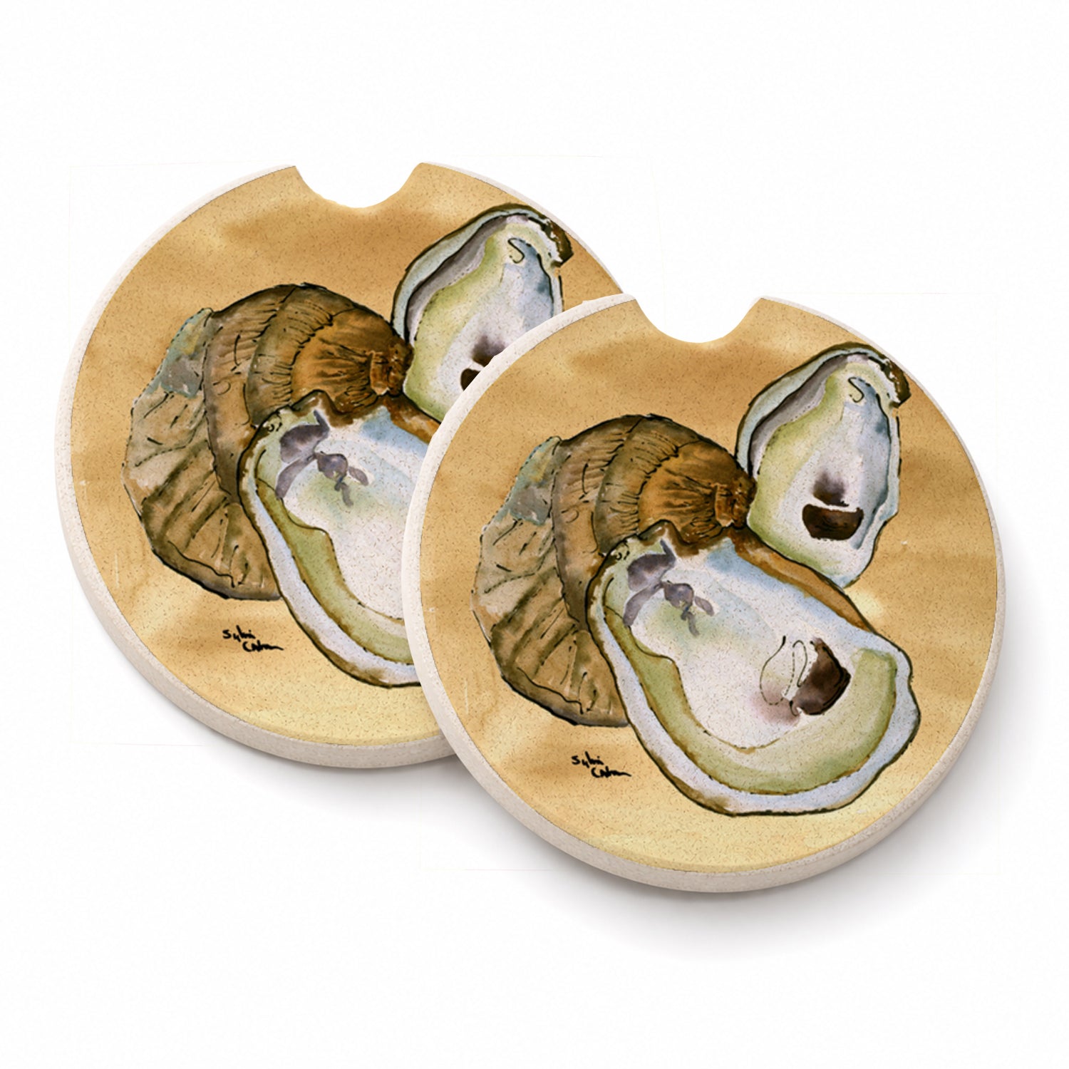 Oyster Sandy Beach Set of 2 Cup Holder Car Coasters Absorbent Round Sandstone Coasters Gifts for Men or Women, 2.5, Multicolor