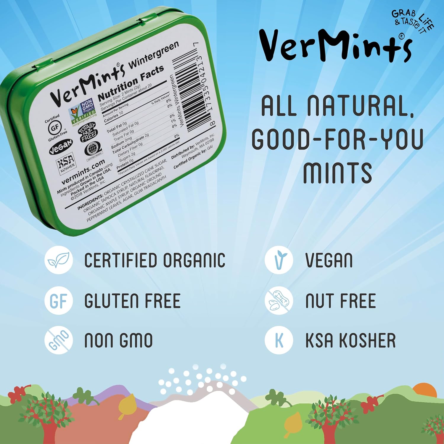 Vermints All-Natural Wintermint Breath Mints, Gluten-Free, Case of 6 (1.41 oz)