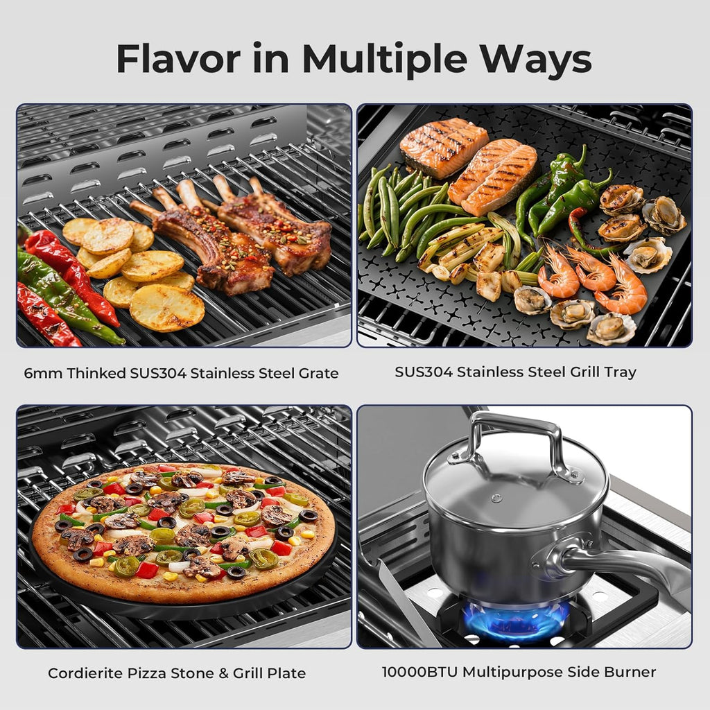 R.W.FLAME 4 Burner Gas Grill, 42,000 BTU Propane Grill, Outdoor Grills with Side Burner, Outdoor Barbecues with Stainless Steel Mesh and Plates, for Camping, Backyard, Patio and Deck