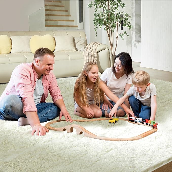 Ultra Soft Rug for Living Room, 9X12 Fluffy Shag Area Rug for Bedroom, Modern Shaggy Carpets Fuzzy Rug for Teens Dorm Nursery Home Decor Aesthetic, Upgrade Anti-Skid Durable, Cream White
