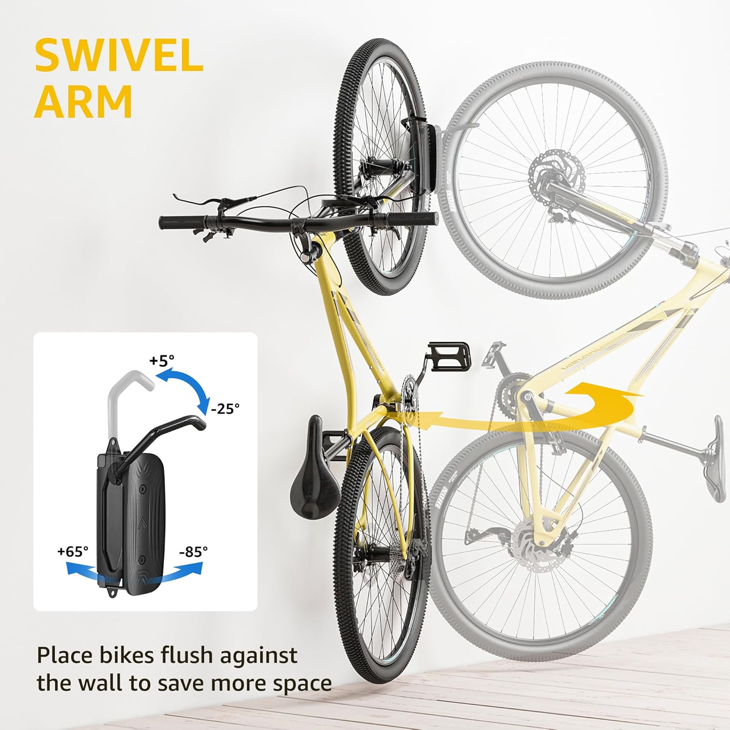 monTEK Swivel Bike Wall Mount, Bike Hangers for Garage, Space-Saving Vertical Bike Rack, Sturdy Bike Storage Rack Holds Up to 66lbs, Easy to Install, 2 Pack