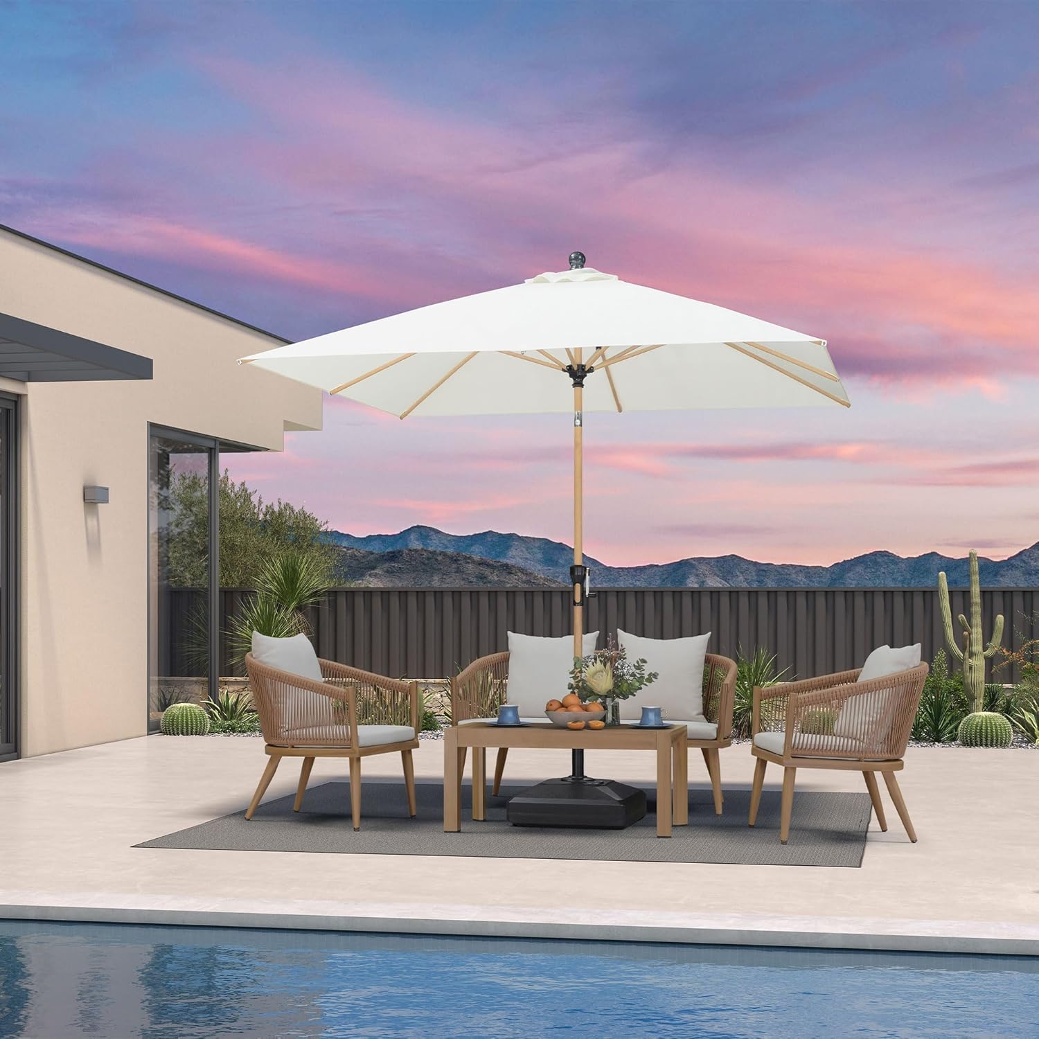 PURPLE LEAF 8' x 8' Square Outdoor Table Umbrella with Base Patio Umbrella Aluminum Market Umbrella with Push Button Tilt & Crank and 8 Ribs Outdoor Umbrella for Pool Backyard Beach, Cream