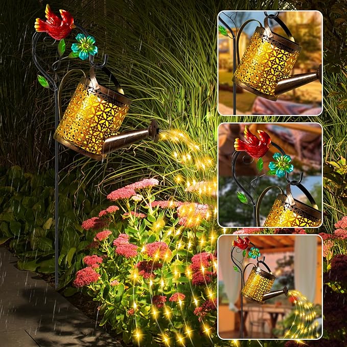 Solar Metal Watering Can with Cardinal Shepherd Hook and Cascading Lights - Outdoor Solar Lantern for Garden, Yard, Patio - Christmas Decor and Gardening Gifts for Women