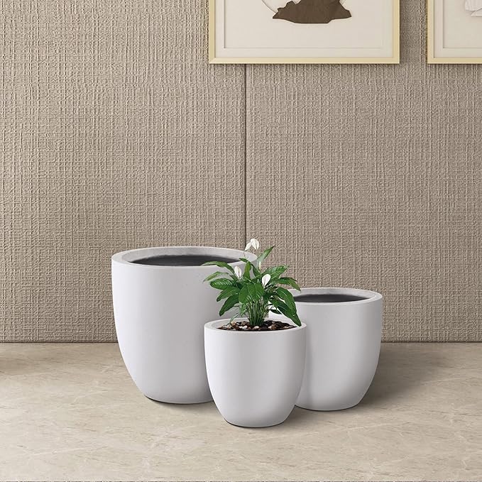 Kante 18",14",10" Dia Concrete Round Planters (Set of 3), Outdoor Indoor Large Planter Pots with Drainage Hole and Rubber Plug for Home Patio Garden, Pure White