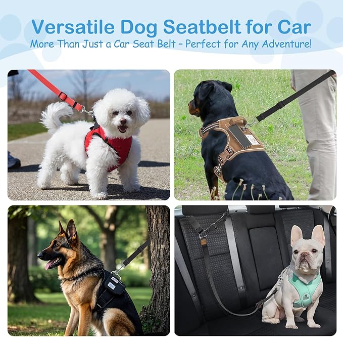 3 Pack Dog Seat Belt for Car, Car Headrest Restraint Adjustable Nylon Fabric, Dog Restraints Vehicle Seatbelts Harness (Black & Red & Purple)
